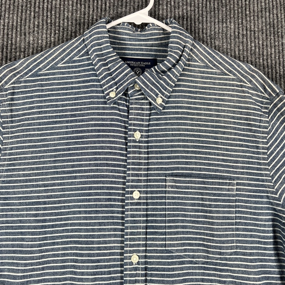 American Eagle Shirt Mens Medium Gray Striped Long‎ Sleeve Button Down Prep Fit